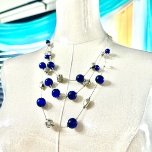 Blue & Silver Multilayer Rhinestone Balls Necklace Elegant Round Beads Beaded